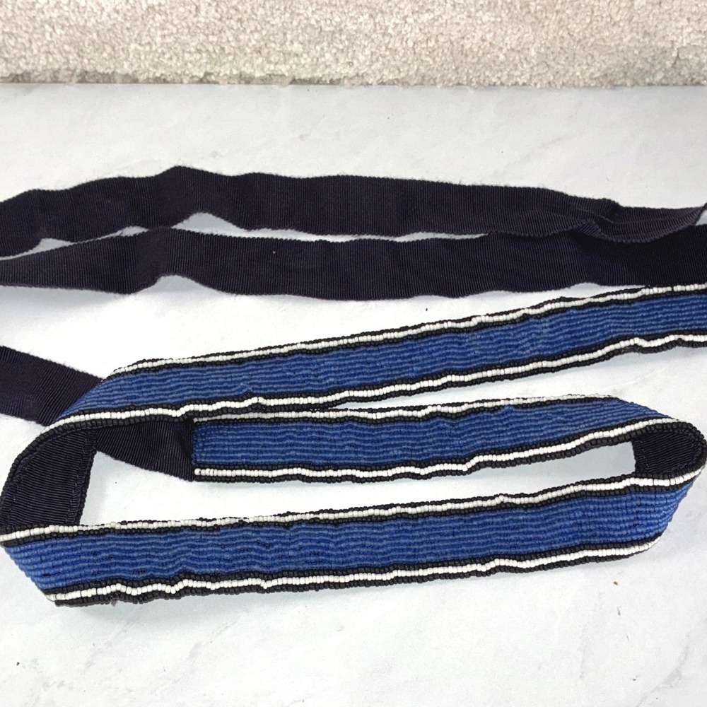 J.Crew Navy Blue Beaded Sash Belt - OS - Grosgrain Ribbon Boho Eclectic Coastal